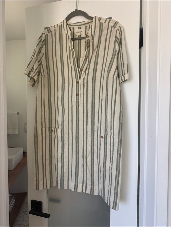 Sezane Dresses & Skirts - Sezane Striped Linen Short-Sleeve Mini Dress in Green and Cream FR 40 US8